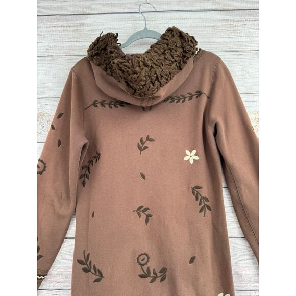 Lucky Brand Embroidered Faux Fur Trim Hoodie Duster Dress Womens Small Brown - Picture 4 of 12